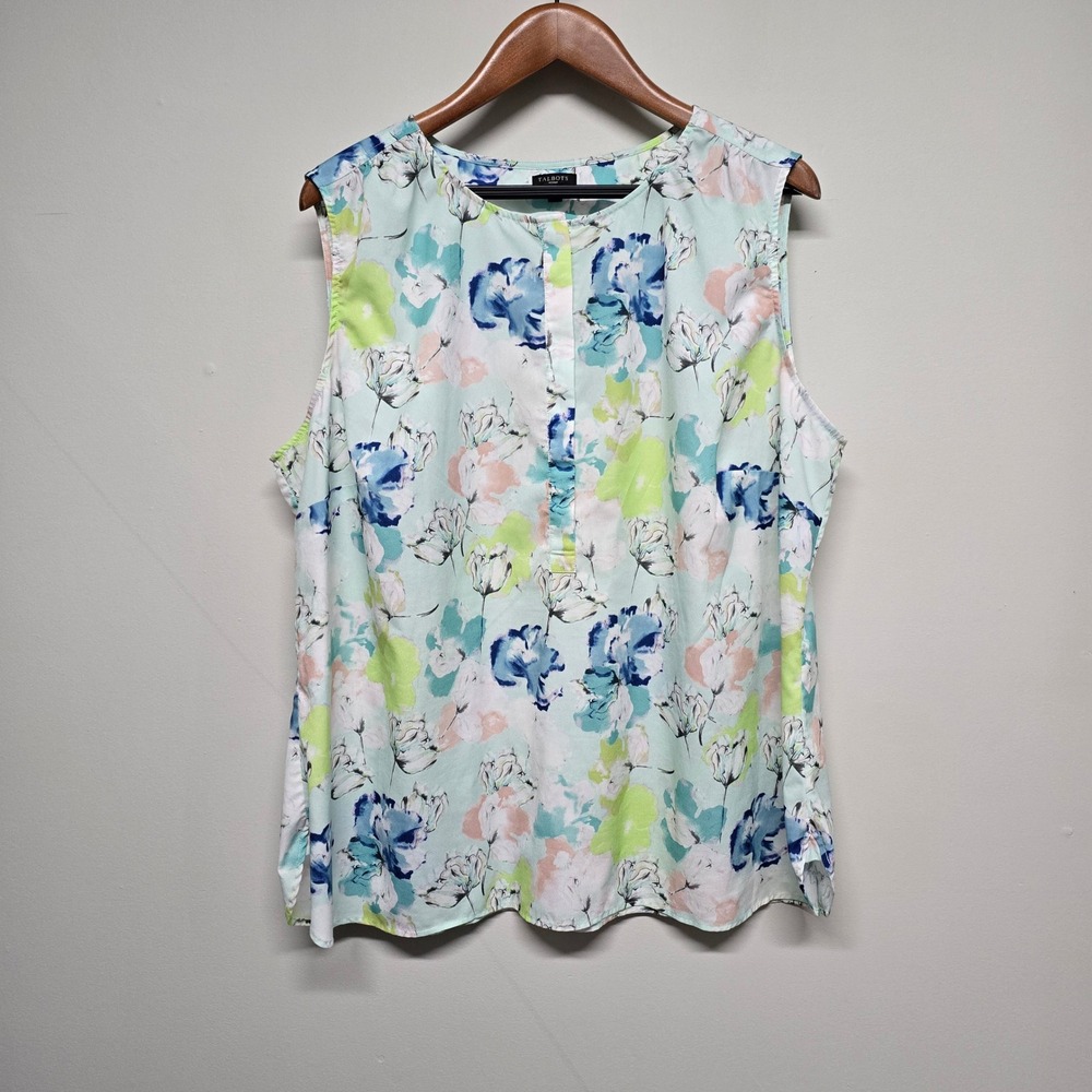 Talbots Floral Sleeveless Blouse Womens 20W Blue Pink Watercolor Button